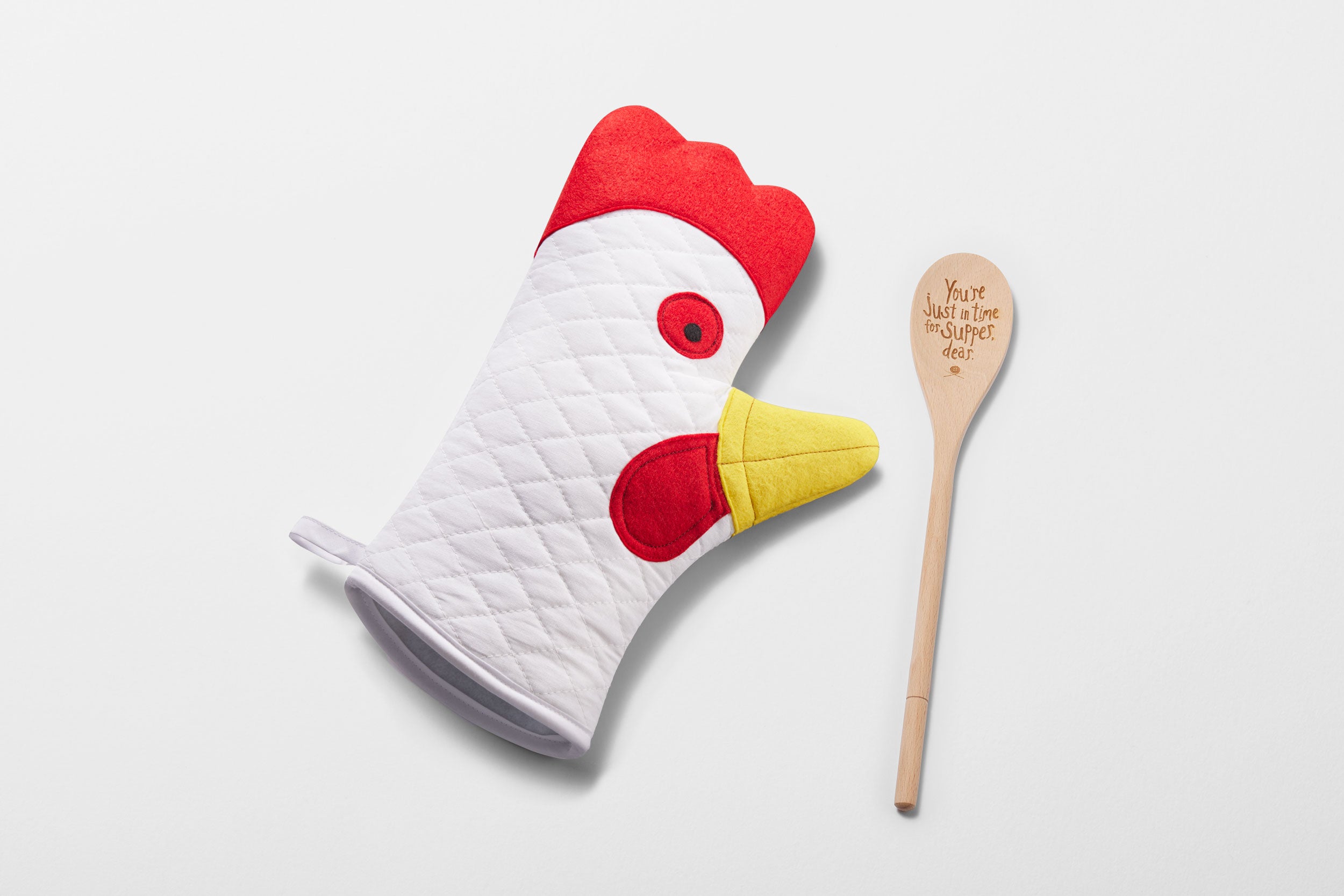 Chicken oven mitt and laser-engraved wooden spoon, which reads 